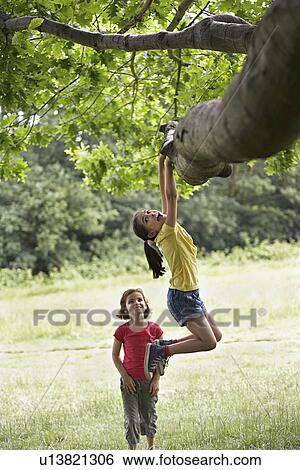 Stock Photograph - Girl watching friend (7-9) hanging from tree. Fotosearch