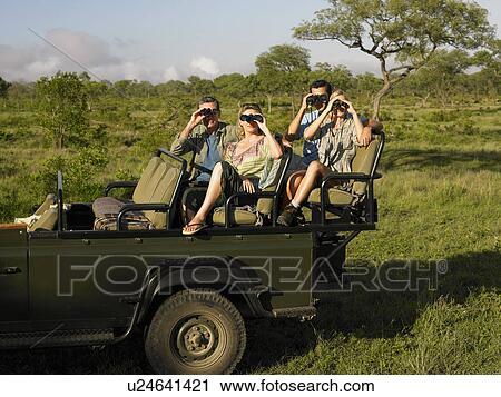 Stock Image - Group of tourists on safari sitting in jeep looking through binoculars. Fotosearch
