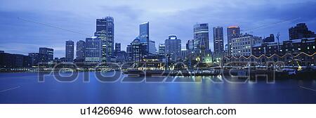 Stock Photograph - Harbor and Skyline at Twilight. Fotosearch
