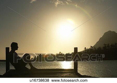 Stock Photo - Man sitting on dock by lake side view.. Fotosearch