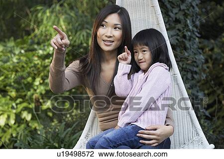 Mother sitting with daughter on lap outside pointing View Large Photo Image Stock Image - Mother sitting with daughter on lap outside pointing. Fotosearch