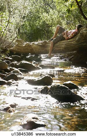 Teenage boy (16-17 years) lying on tree trunk by stream in forest View Large Photo Image Stock Photograph - Teenage boy (16-17 years) lying on tree trunk by stream in forest. Fotosearch