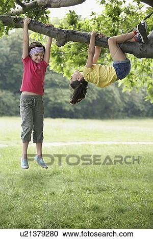 Stock Image - Two girls (7-9) climbing in tree. Fotosearch