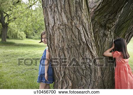 Two girls (7-9) playing hide and seek by tree View Large Photo Image Stock Image - Two girls (7-9) playing hide and seek by tree. Fotosearch