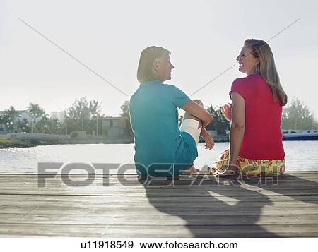 Stock Photo - Two women sitting on pier back view. Fotosearch