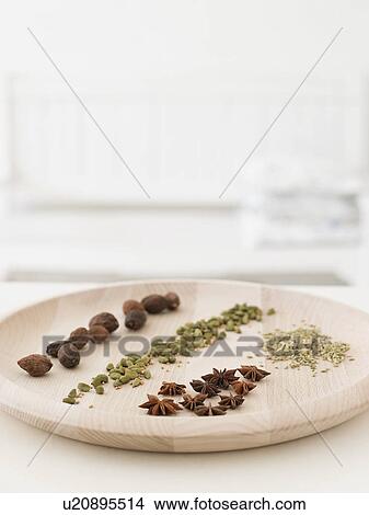 Variety of spices on wooden serving platter View Large Photo Image Picture - Variety of spices on wooden serving platter. Fotosearch