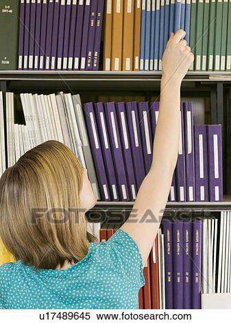Young girl reaching for book from library shelf back view View Large Photo Image Stock Photography - Young girl reaching for book from library shelf back view. Fotosearch