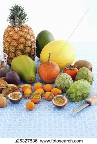 Stock Photograph - Arrangement of exotic fruits. Fotosearch