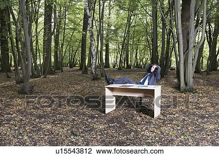 Business man sitting at desk in forest View Large Photo Image Stock Image - Business man sitting at desk in forest. Fotosearch