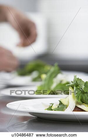 Chef preparing meal focus on salad in foreground View Large Photo Image Stock Photo - Chef preparing meal focus on salad in foreground. Fotosearch