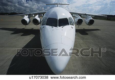 Stock Photo - Elevated front wide angle view Bae-146 jet aircraft. Fotosearch