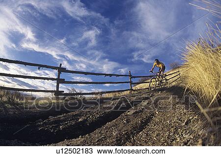 Stock Image - Man mountain biking along path. Fotosearch