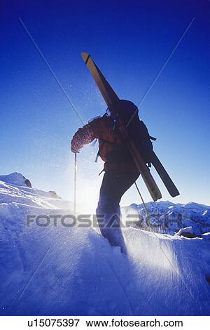 Person walking in snow with skis on back rear view View Large Photo Image Stock Photo - Person walking in snow with skis on back rear view. Fotosearch