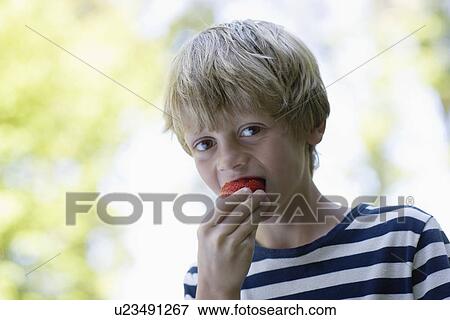 Portrait of boy (5-6) eating strawberry View Large Photo Image Stock Photo - Portrait of boy (5-6) eating strawberry. Fotosearch