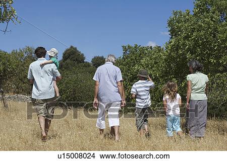 Three-generation family with three children (3-11) walking in field back view View Large Photo Image Picture - Three-generation family with three children (3-11) walking in field back view. Fotosearch
