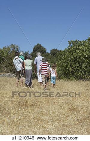Three-generation family with three children (3-11) walking in field back view View Large Photo Image Stock Photograph - Three-generation family with three children (3-11) walking in field back view. Fotosearch