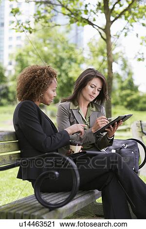 Two business women working on park bench View Large Photo Image Stock Image - Two business women working on park bench. Fotosearch