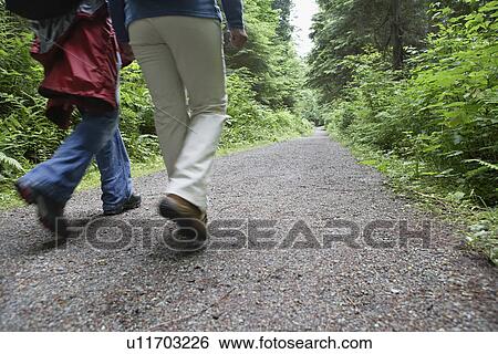 Stock Photograph - Two people walking on forest trail back view low section. Fotosearch