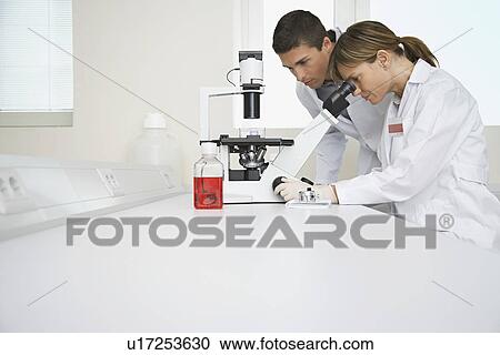 Stock Image - Two scientists using microscope in laboratory. Fotosearch
