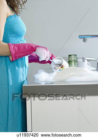 Woman wearing dress and rubber gloves washing dishes side view mid section View Large Photo Image Stock Image - Woman wearing dress and rubber gloves washing dishes side view mid section. Fotosearch