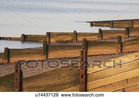 Stock Photo - Wooden breakwaters on beach. Fotosearch