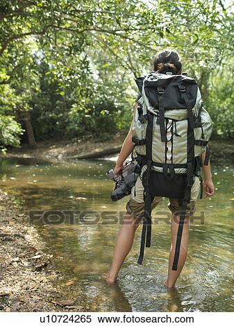 Young woman carrying backpack standing in water back view View Large Photo Image Stock Photography - Young woman carrying backpack standing in water back view. Fotosearch