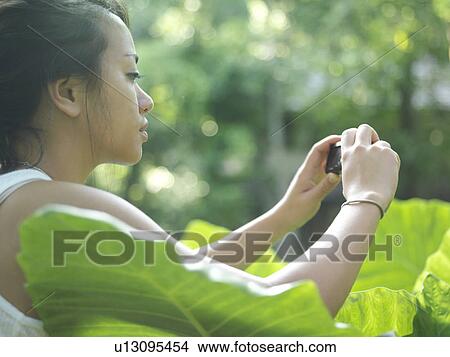 Young woman taking photograph of leaf side view View Large Photo Image Picture - Young woman taking photograph of leaf side view. Fotosearch