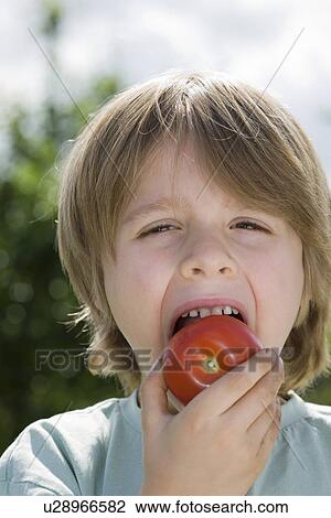 Stock Image - Boy eating tomato in garden portrait. Fotosearch