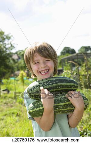 Stock Photograph - Boy holding marrow in garden portrait. Fotosearch
