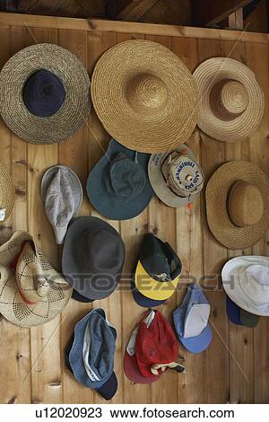 Stock Image - Collection of hats on coat hooks. Fotosearch