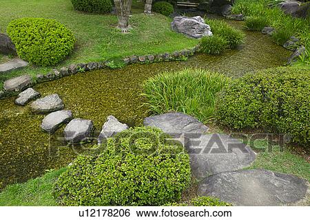 Stock Photograph - Japan Himeji Himeji Koko-en Gardens stream. Fotosearch
