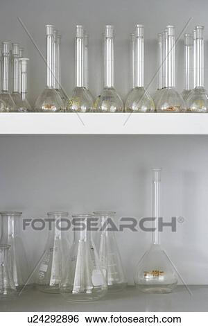 Stock Photograph - Laboratory flasks on shelves. Fotosearch