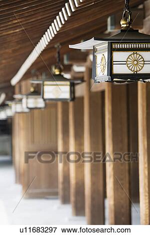 Lanterns Hanging From Eaves at Meiji Shrine View Large Photo Image Stock Photo - Lanterns Hanging From Eaves at Meiji Shrine. Fotosearch