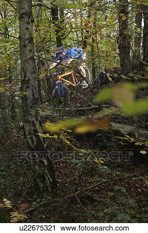 Stock Image - Mountain biker in woodland view through trees. Fotosearch