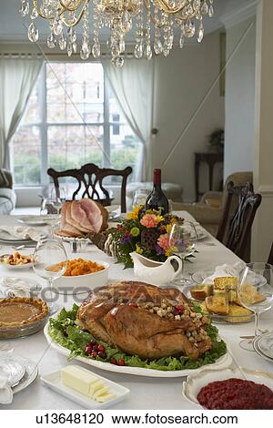 Thanksgivig dinner on table in elegant home View Large Photo Image Stock Image - Thanksgivig dinner on table in elegant home. Fotosearch
