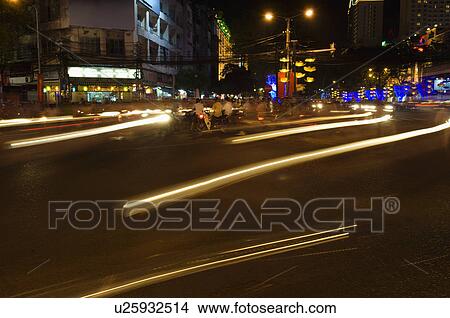 Traffic Light Trails in City View Large Photo Image Picture - Traffic Light Trails in City. Fotosearch
