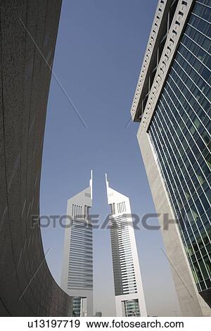 UAE Dubai Emirates Towers from the Dubai International Financial Centre View Large Photo Image Stock Photo - UAE Dubai Emirates Towers from the Dubai International Financial Centre. Fotosearch