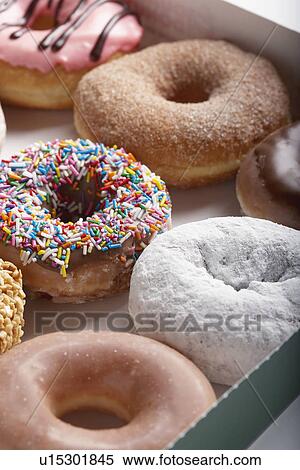 Variety of doughnuts in box View Large Photo Image Stock Photography - Variety of doughnuts in box. Fotosearch