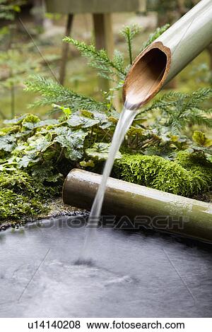 Stock Photo - Water flowing from bamboo pipe. Fotosearch