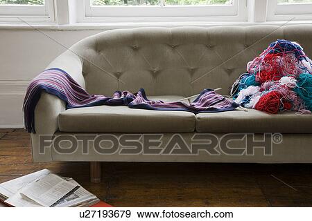 Wool threads on sofa View Large Photo Image Stock Photo - Wool threads on sofa. Fotosearch