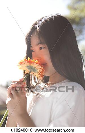 Asian girl smelling flower scent View Large Photo Image Stock Photograph - Asian girl smelling flower scent. Fotosearch