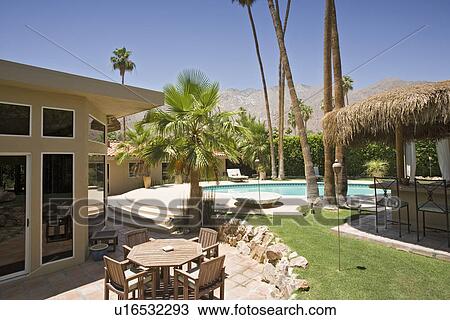 Stock Image - Back yard with swimming pool alongside modern home. Fotosearch