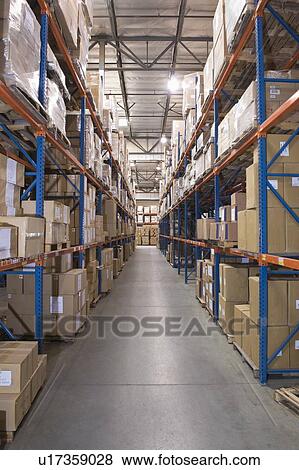 Cardboard boxes on shelves in distribution warehouse View Large Photo Image Stock Photo - Cardboard boxes on shelves in distribution warehouse. Fotosearch
