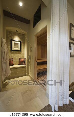 Curtained sauna and steam room in Palm Springs home View Large Photo Image Stock Photography - Curtained sauna and steam room in Palm Springs home. Fotosearch
