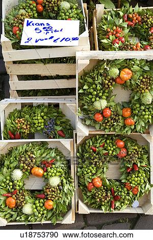 Fruit wreaths for sale on market stall View Large Photo Image Stock Image - Fruit wreaths for sale on market stall. Fotosearch