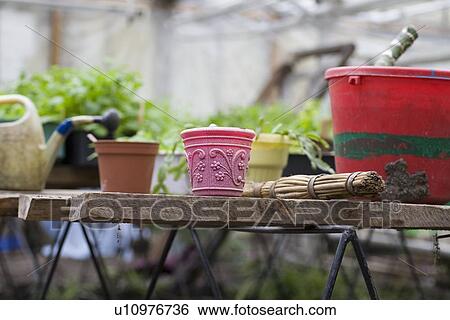 Gardening equipment in greenhouse View Large Photo Image Stock Photograph - Gardening equipment in greenhouse. Fotosearch