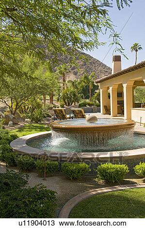 House exterior with fountain in garden View Large Photo Image Stock Image - House exterior with fountain in garden. Fotosearch
