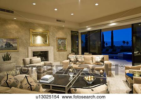 Picture - Illuminated modern residence interior. Fotosearch