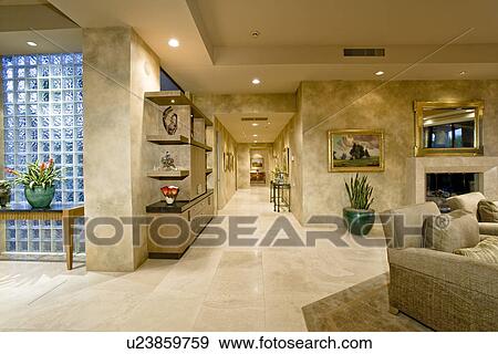 Illuminated modern residence interior View Large Photo Image Stock Photo - Illuminated modern residence interior. Fotosearch