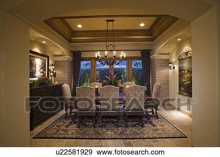 Palm Springs dining area and patterned rug View Large Photo Image Stock Photo - Palm Springs dining area and patterned rug. Fotosearch